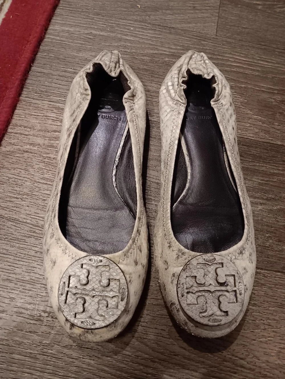Tory Burch Cream Snake-Print Elastic Ballet Flats